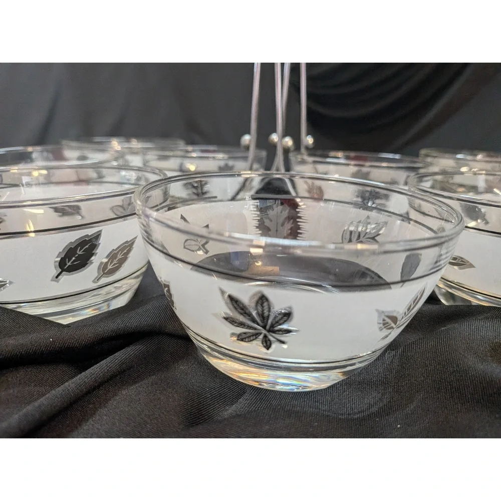 Vintage Etched Glass Snack Bowl Set w/ Chrome Caddy – Mid Century Modern 8 Bowl
